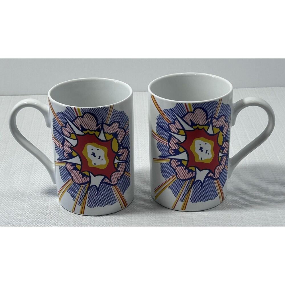 Set of 2 ROY LICHTENSTEIN 'Explosion' 1967 Porcelain Artist's Collector Mugs EUC